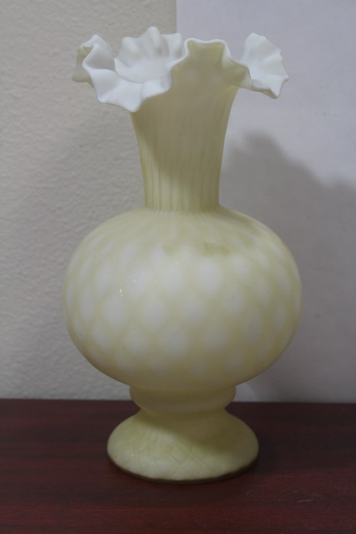 A Handblown Victorian Foliated Rim Glass Vase: 9 7/8" tall