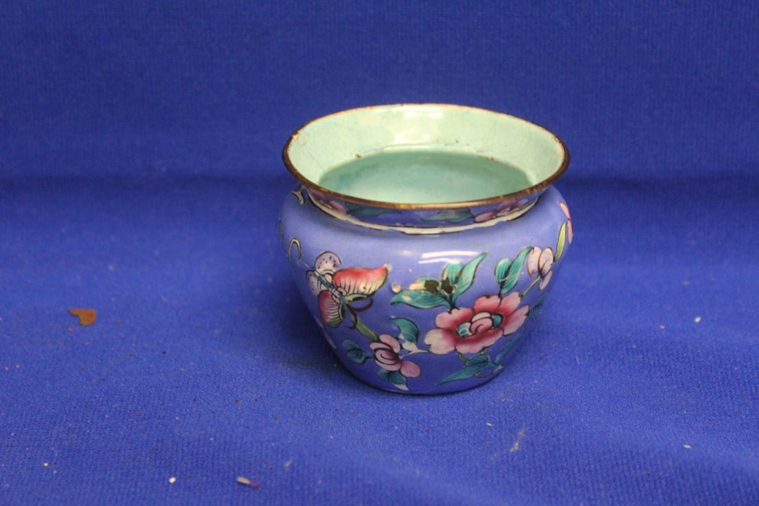 Antique chinese Enamel Planter: please note: minor losses as shown - 2 3/4" in diameter