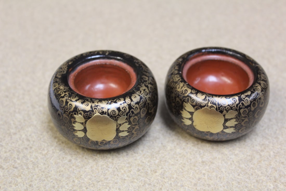 Lot of Two Antique Japanese Lacquer Candle Holders: antique/vintage - each measures 2 3/8" in diameter