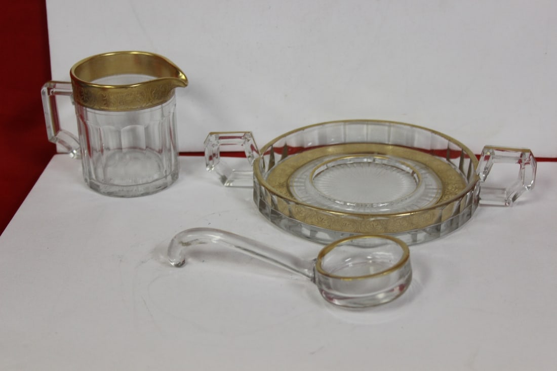 Lot of 3 Gold Rim Glass: widest= 7 1/2" wide