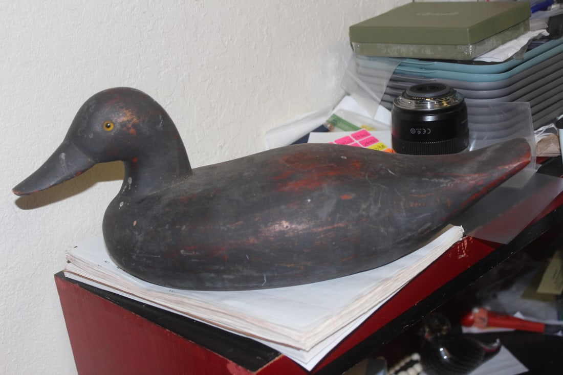 Antique Wooden Duck Decoy: with glass eyes - 15" across
