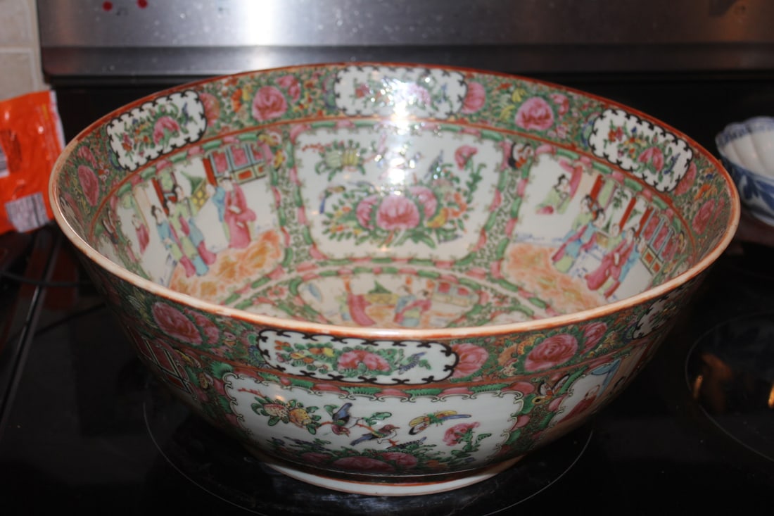 Large Antique Chinese Rose Medallion Bowl: 15 3/4" in diameter - 19th to early 20th century - 15 3/4" in diameter - please note: minor hairline on bottom as shown - marked "made in China"