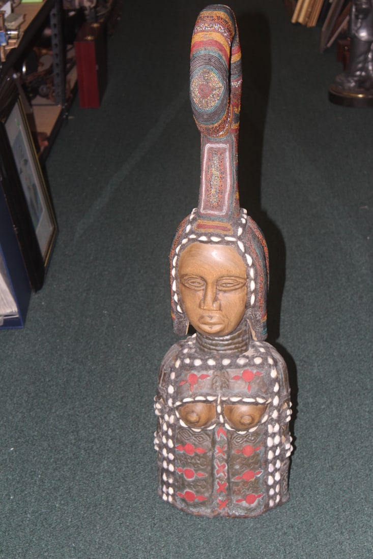 Jewelled Wooden African Statue: 38" tall by 10" wide - probably around mid 20th century