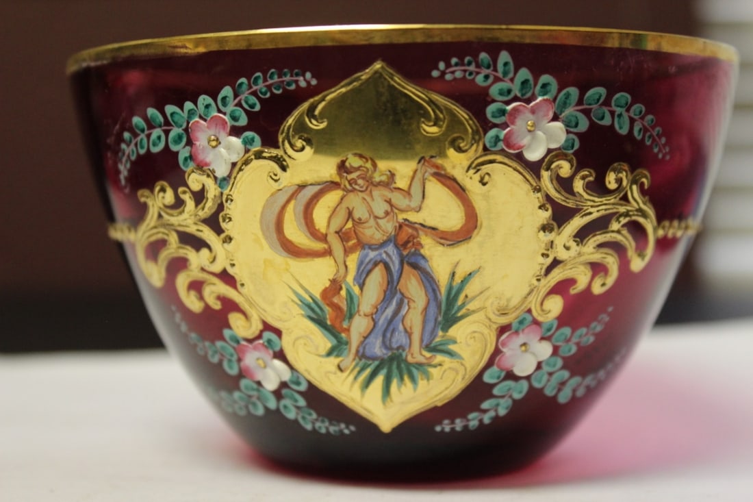 Hand Painted Cranberry Bowl - Rare Figeral Design: Vintage/Antique - 4 5/8" in diameter