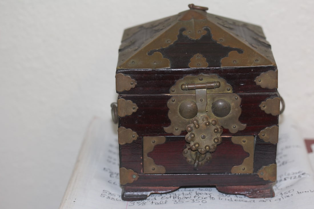 Vintage Chinese Wood and Copper Box: please note: bottom drawer stuck - 5" x 5"
