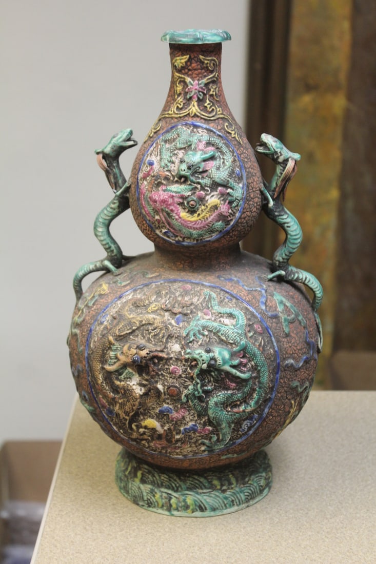 Chinese pottery gourd shape dragon vase: signed, approximately 14" tall