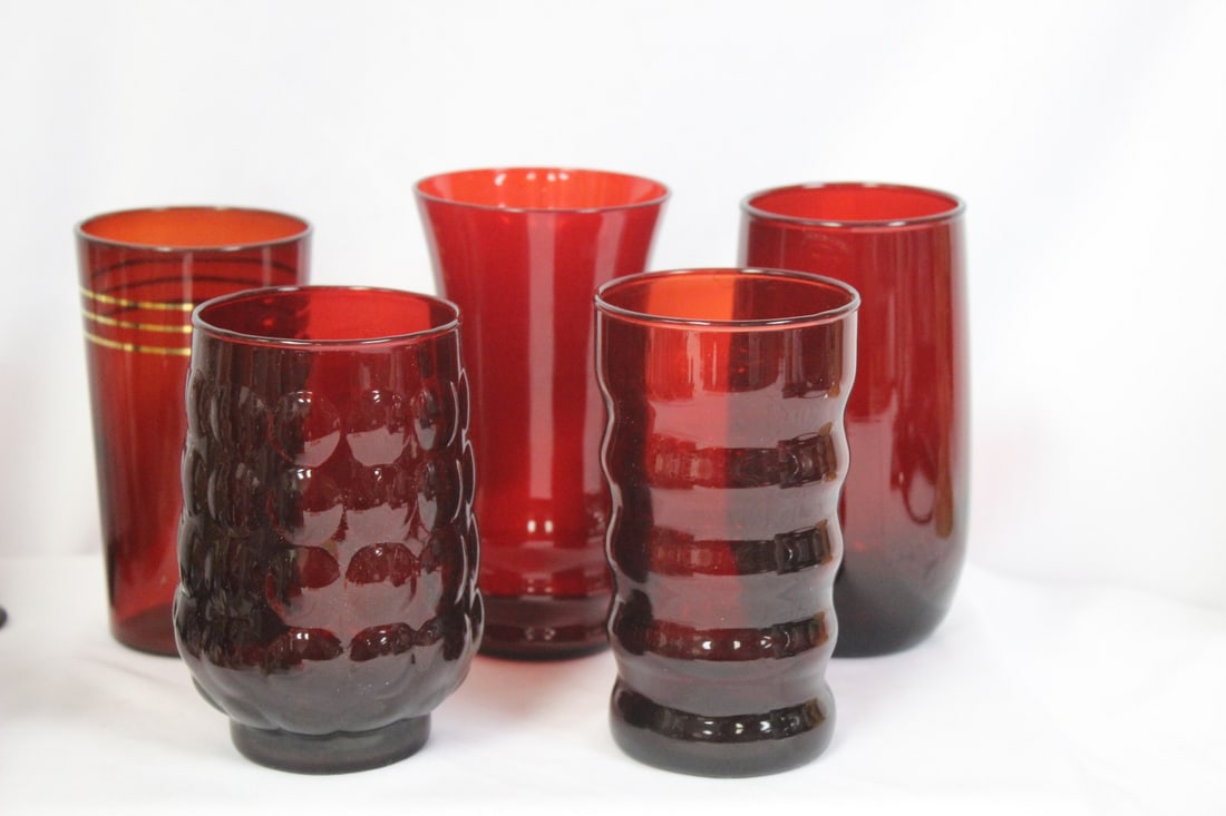 Lot of 5 Ruby Red Tumblers: tallest= 5 inches
