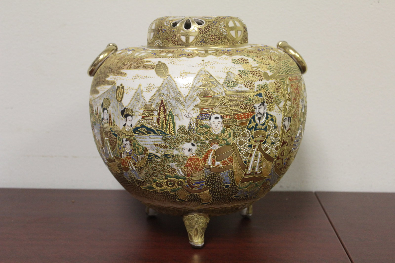 An Impressive Late 19th Century Japanese Censer: Large size - Koro incense burner - satsuma pottery - signed - 12 1/2" x 12 1/2" - Shimazu family crest mark all over - really a breathtaking piece
