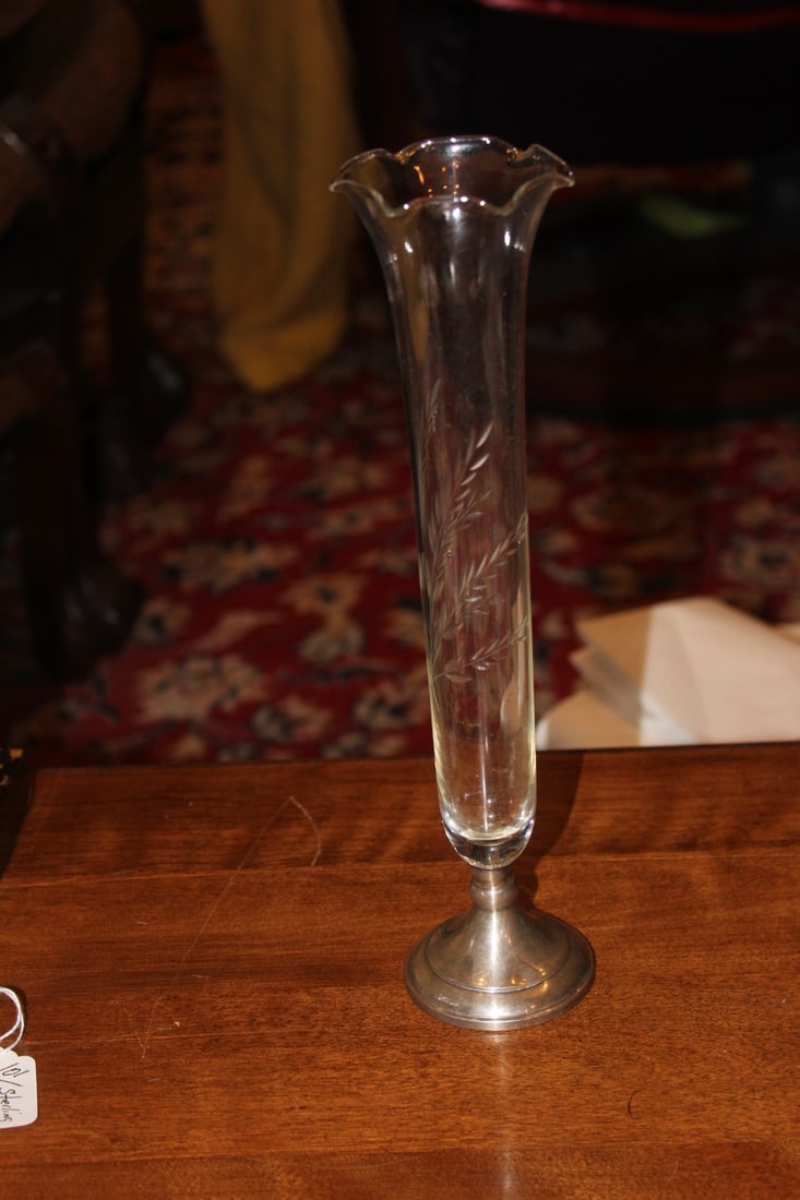 Sterling Rim Etched Glass Vase: 11" tall