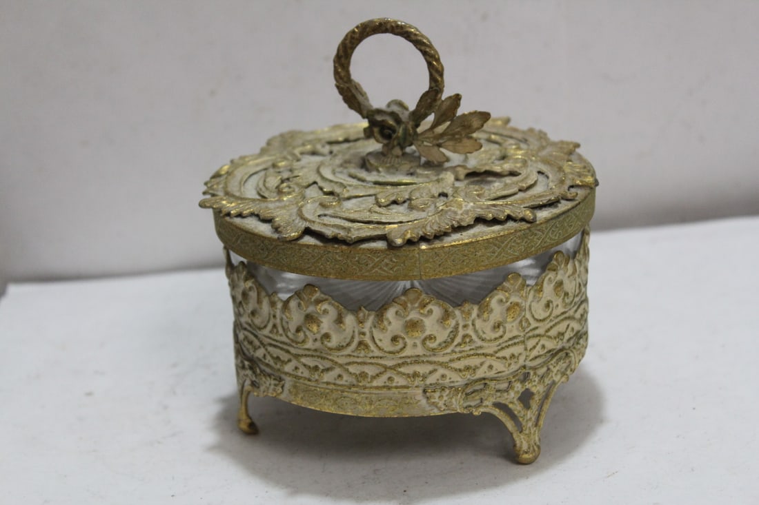 A Gilted Metal Glass Container: 3-legged - 5 3/4" tall