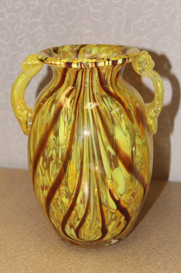 Art Glass Vase with Handles: 7 3/8" tall