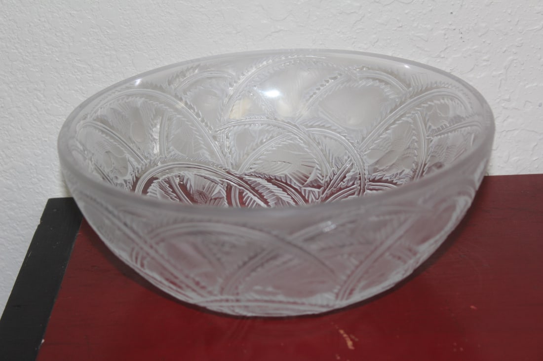 Signed Lalique Center Bowl: France - etched glass - 9 1/4" in diameter