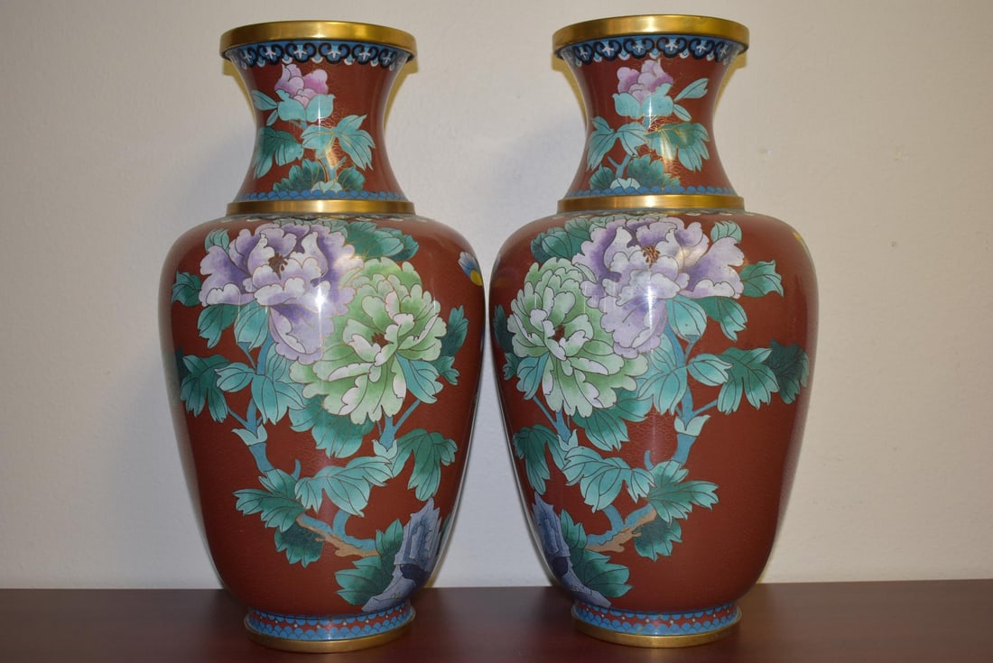 A Pair of Large Cloisonne Vases: 15 1/2" tall