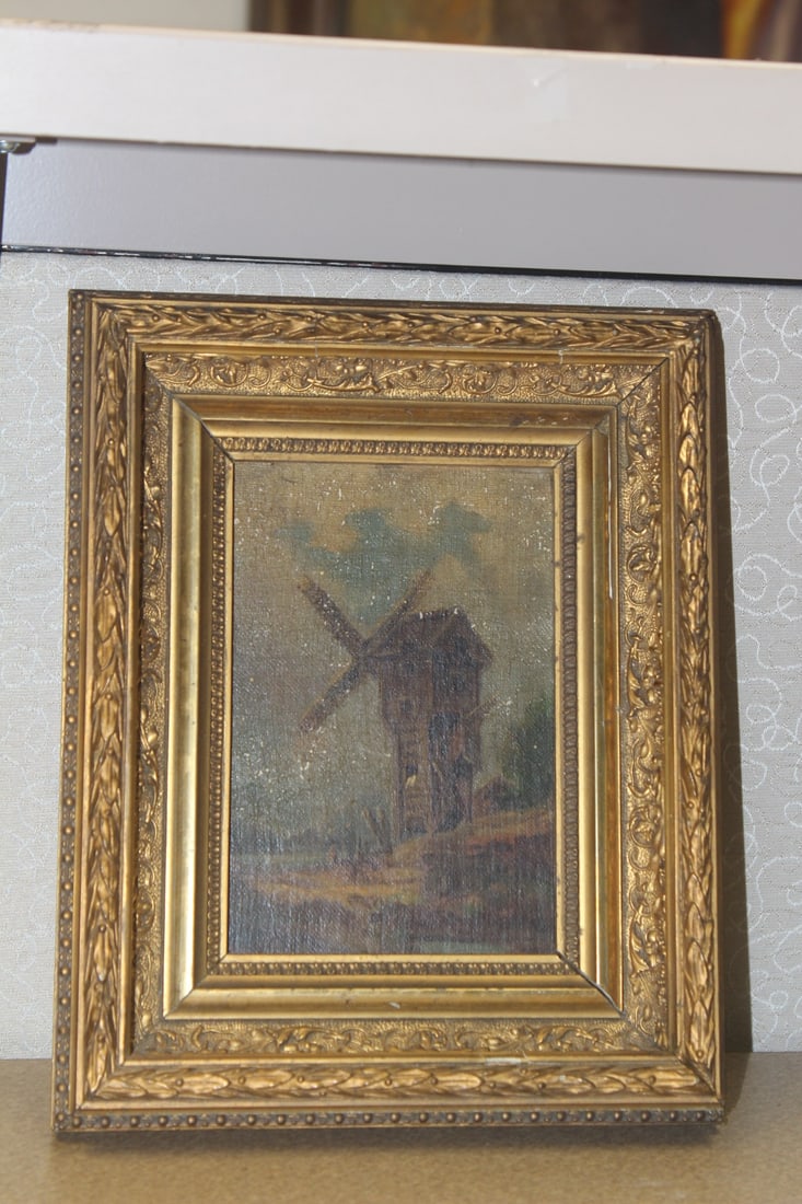 19th century oil on wood painting of wind mill: some writing on the back with pencil, nice frame, overall 10 1/4" x 8 1/4"