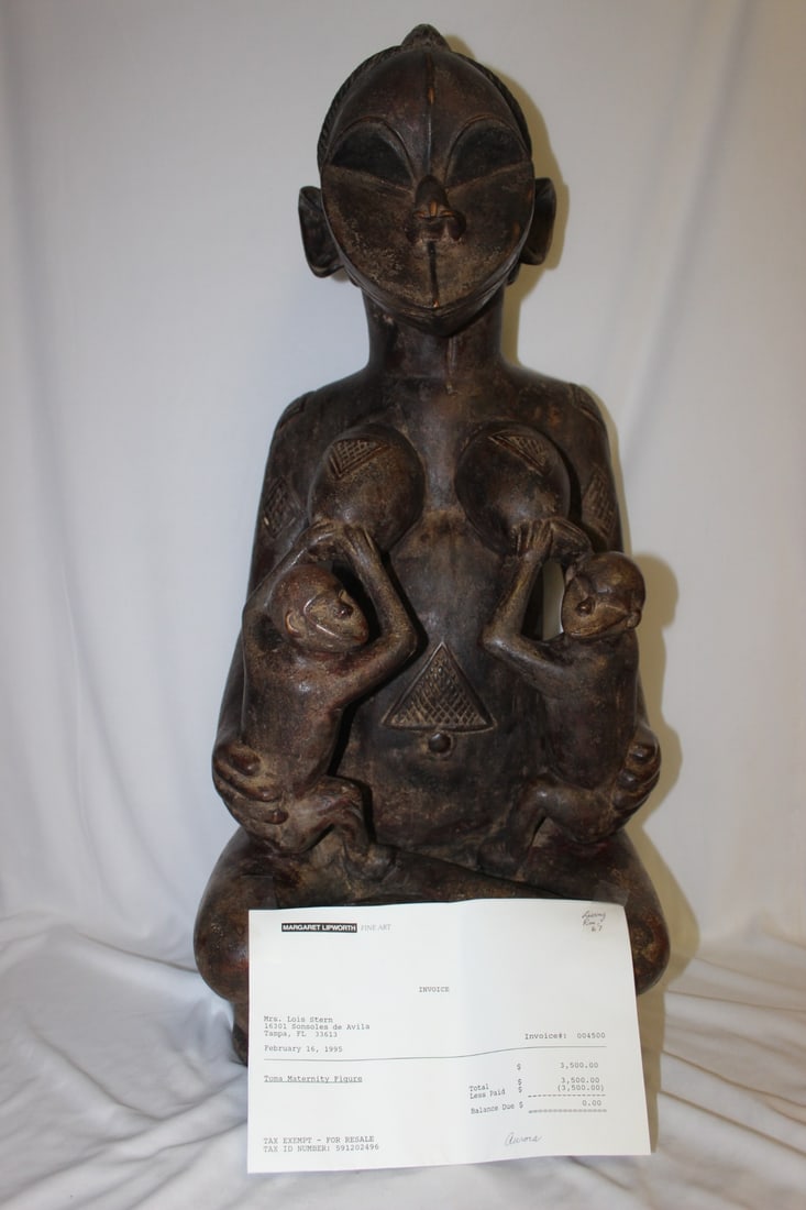 Antique/Vintage African Toma Maternity Figure: Measures approximately 27 inches tall and 11 1/4" at the widest point - the child on the left is overall 8 1/2" tall (including the arms) - with original receipt of 3500, exact tribe unknown, but it