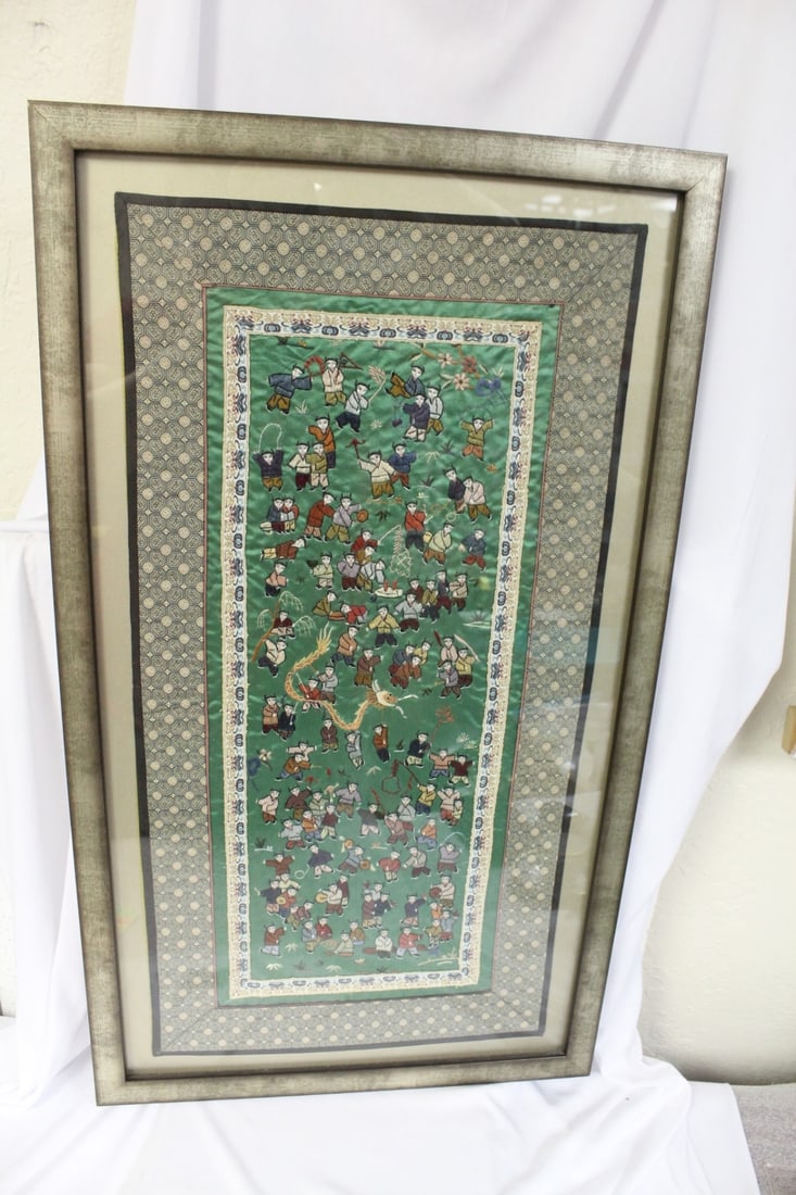 A Framed Chinese Silk: 29" x 16 1/2"