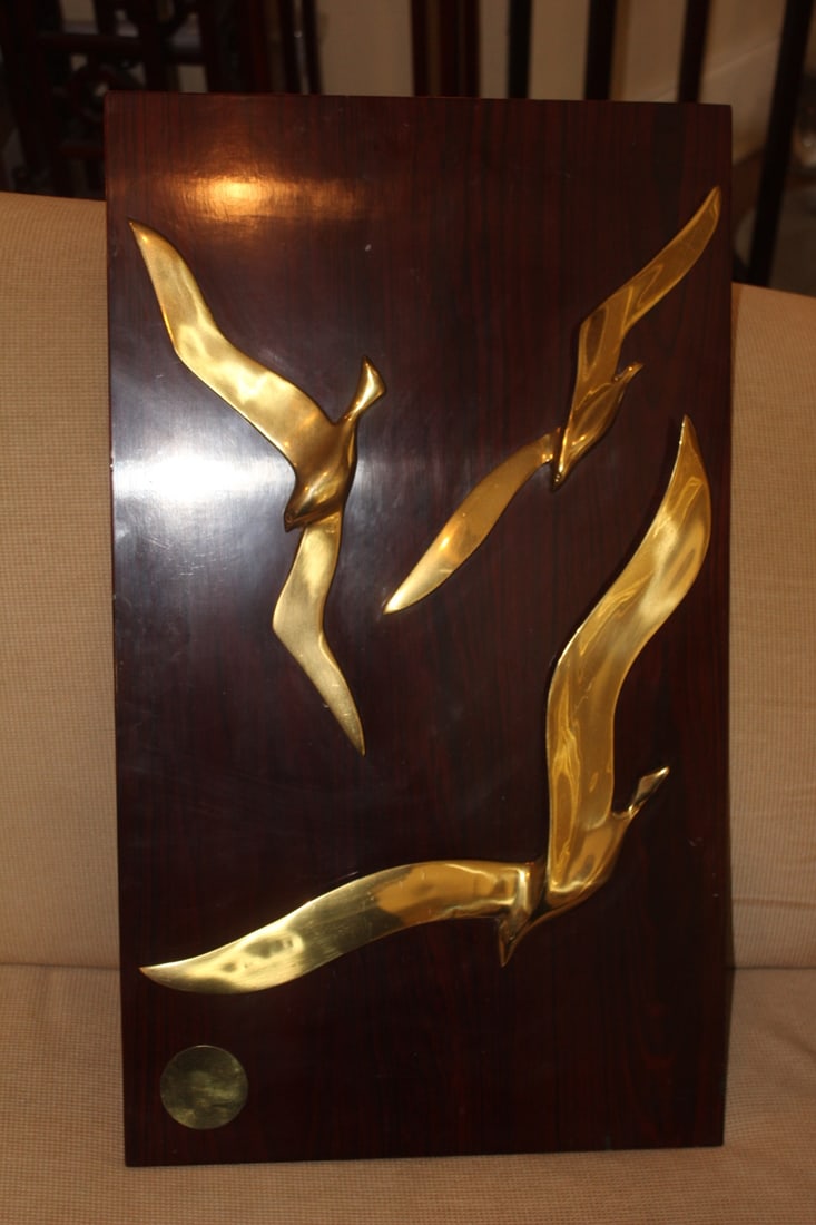 Birds Flying Brass on Wood: unsigned - overall= 25" x 14 1/2"