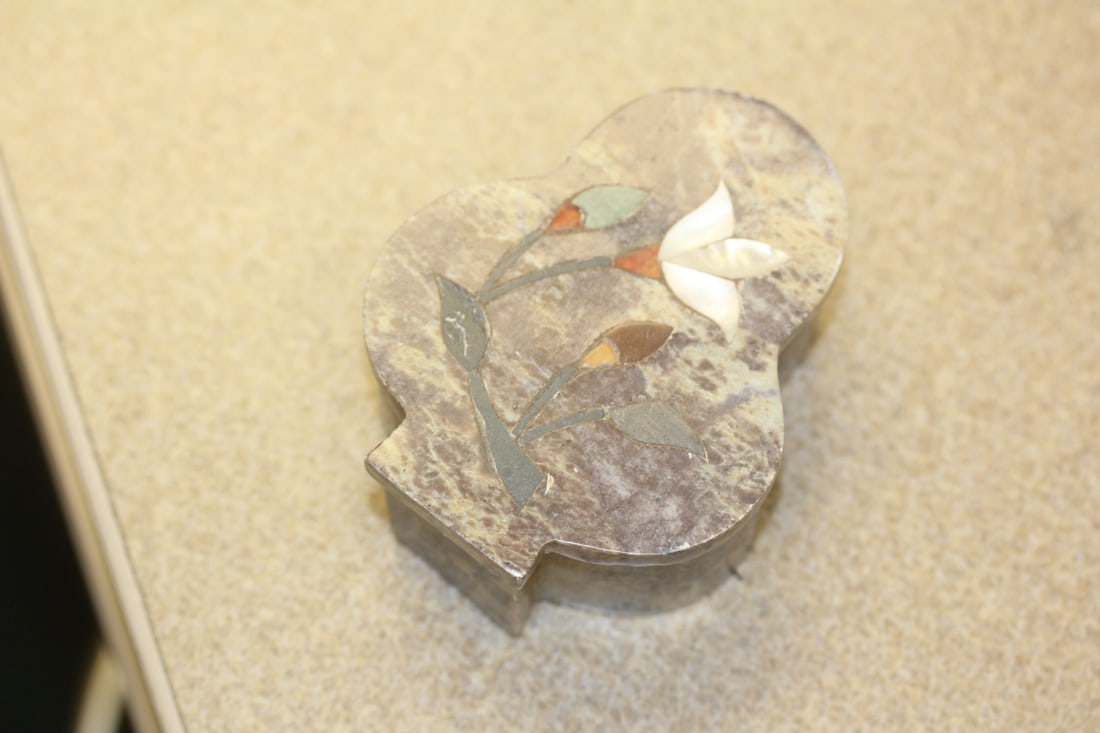 Inlaid Stone Trinket Box: 3 1/8" across