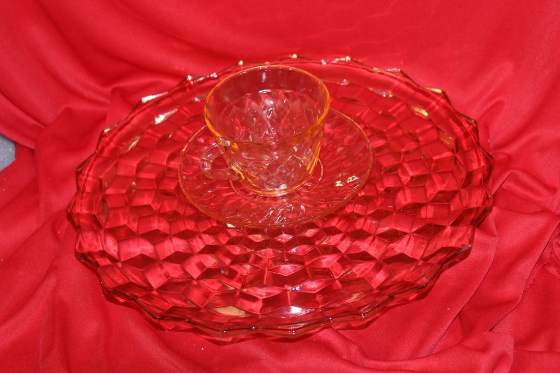 Lot of 3 Depression Glass Articles: Large platter has a small chip as shown - largest= 12" in diameter