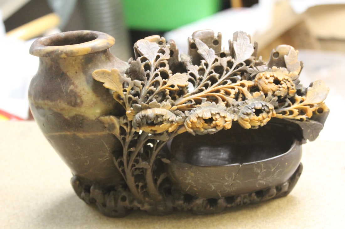 Well Carved Soap Stone Vase: please note: restored as shown - with museum inventory number on the bottom - 8 1/4" long