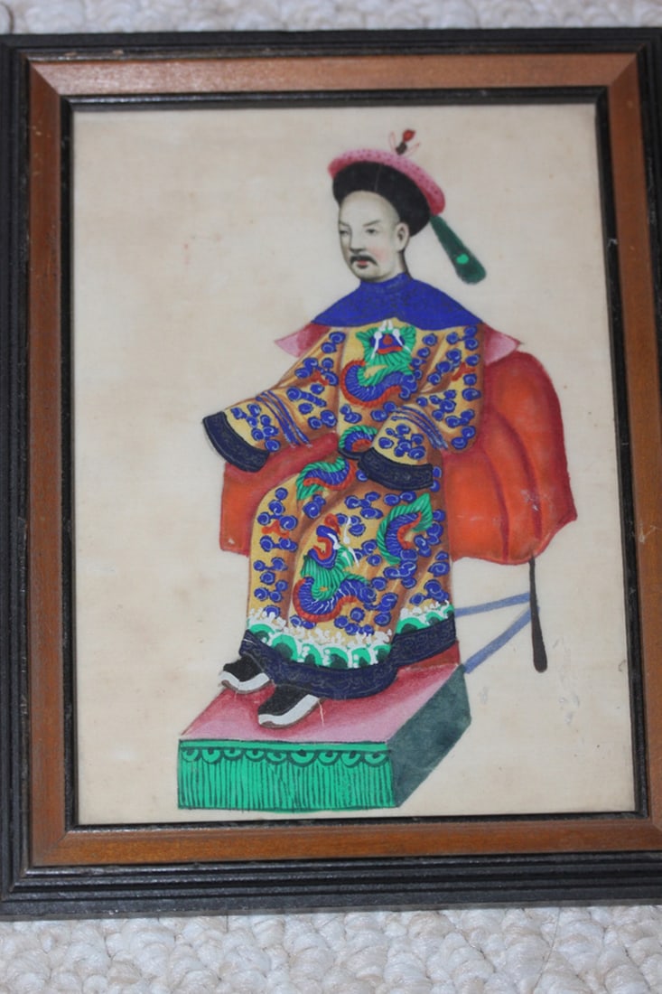 Antique Chinese Framed Pastel on Rice Paper: Overall size 7 3/4" x 6". Circa 19th century.