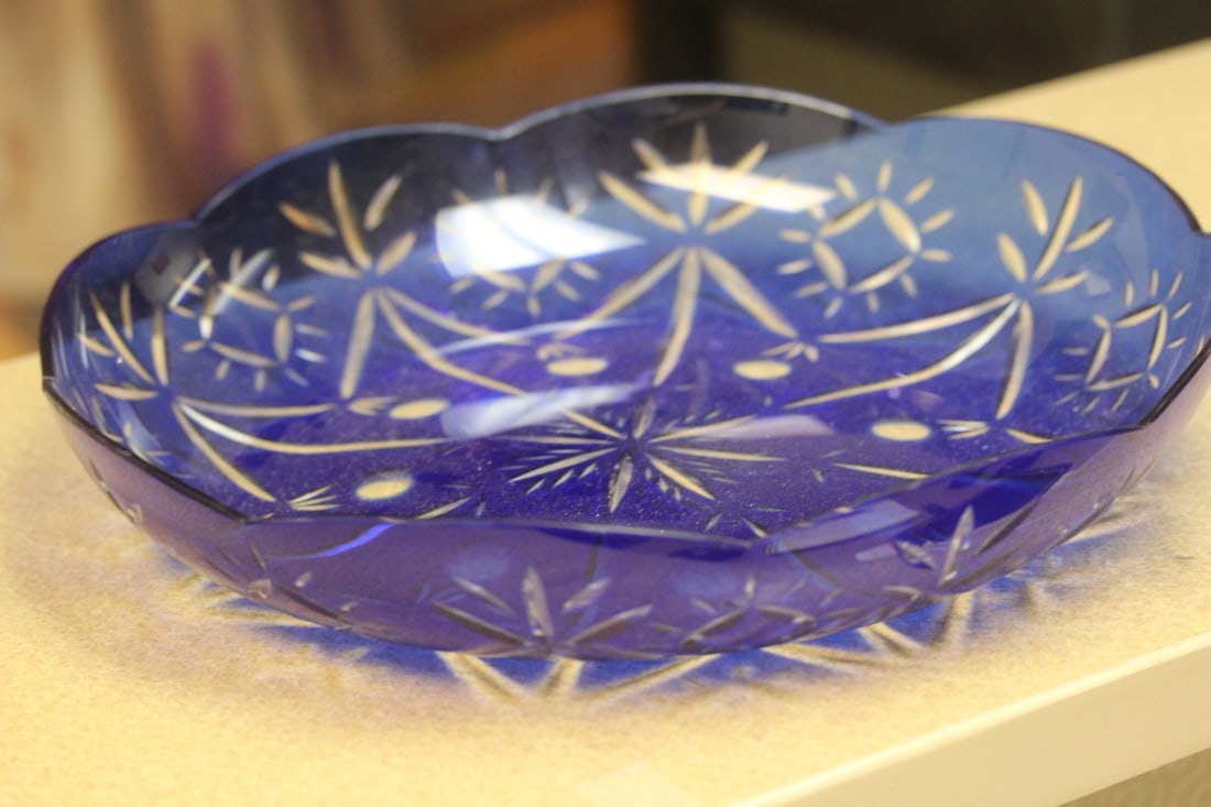 Cobalt Blue Cut Glass Bowl: 12" in diameter