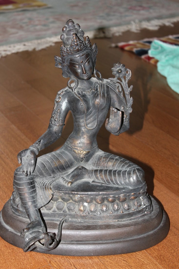 Antique Chinese Bronze God on Wood Base: 19th Century Possibly Tibetan - Extremely old with nice patina. 14 1/2" tall with base and 12 1/2" without. Nicely detailed.