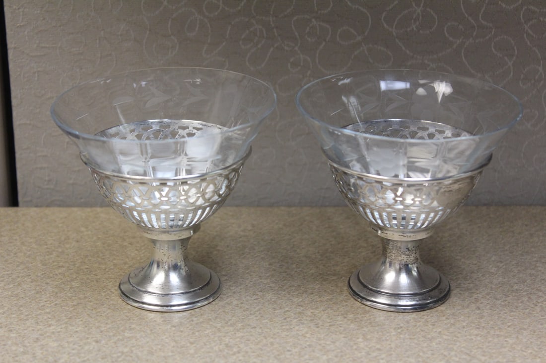 Etched Glass Sterling Cups: 3 3/4" tall