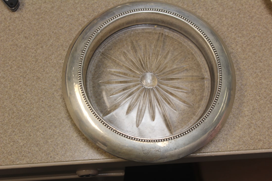 Sterling rim press glass bowl or coaster: 6 5/8" diameter