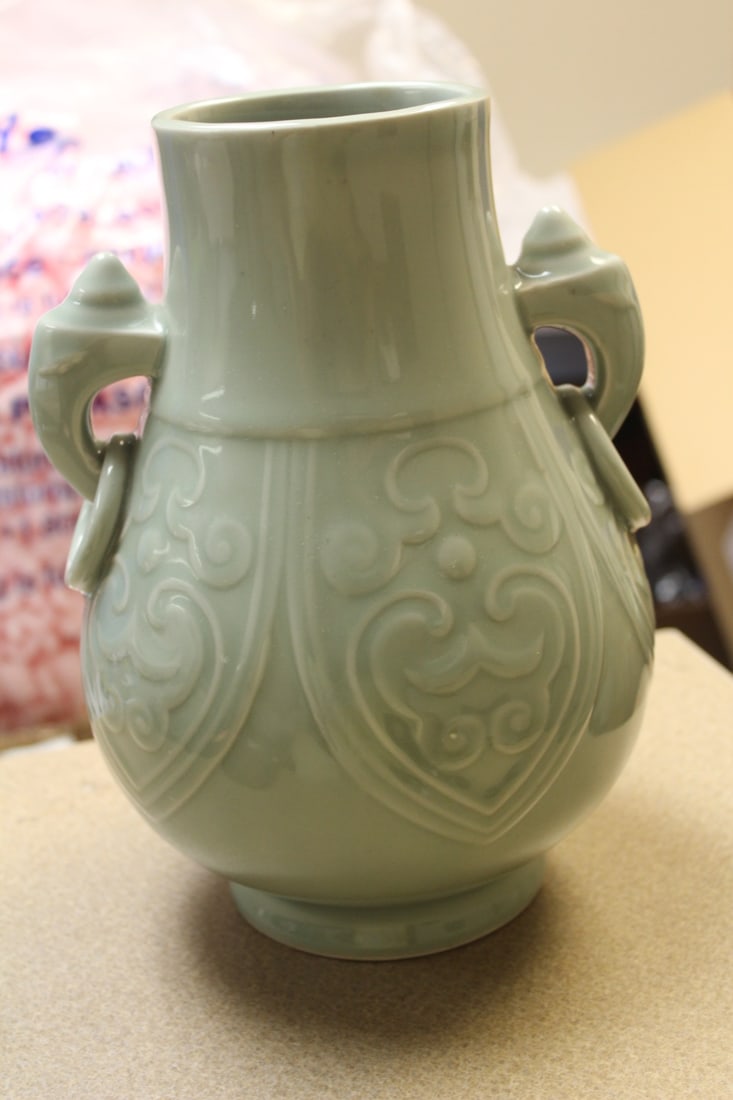 Chinese Celadon Elephant Vase: elephant handles - vase or urn - celadon glazed - gu shaped - 10 1/4" tall
