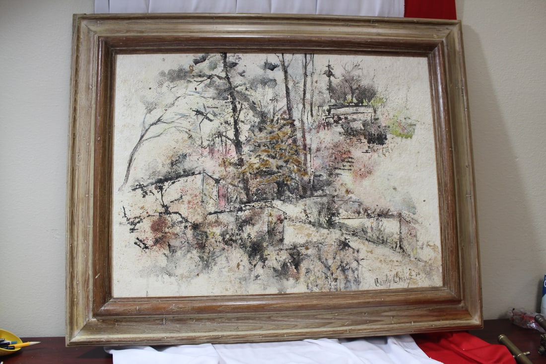 A Signed Carly Craig '56 Oil on Board: Retro painting - most likely mid century modern - framed - overall= 24" x 26 3/4"
