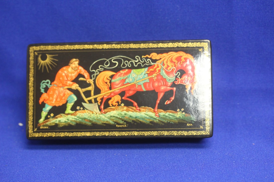 A Hand Painted Russian Lacquer Box: signed - marked USSR - 5 7/8" long