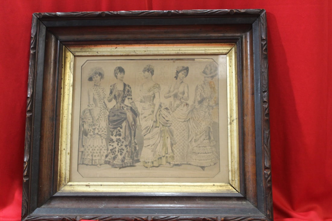 An Antique Framed Fashion Print: victorian period - overall= 17" x 15"