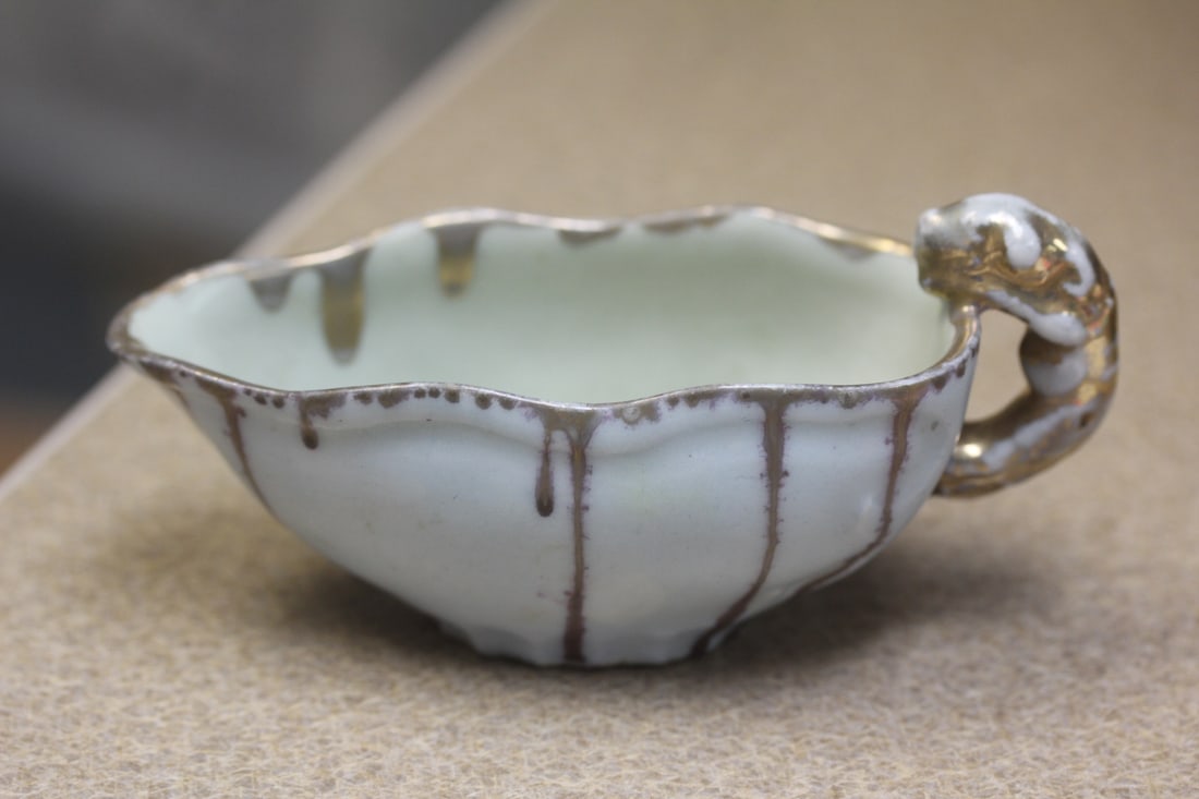 Vintage Japanese Studio Porcelain Creamer: with dragon handle - signed - please note: hairline, worn artist signed - 5 inches across