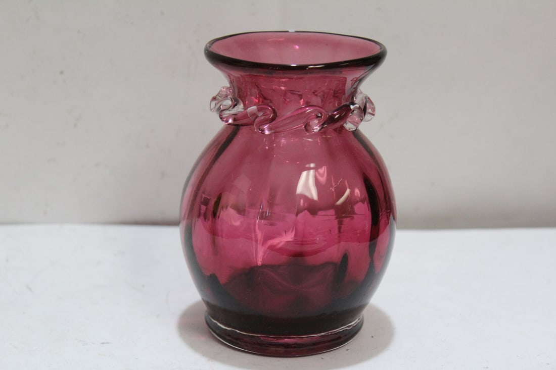 A Cranberry Glass Vase: ribbon design - 4 3/8" tall