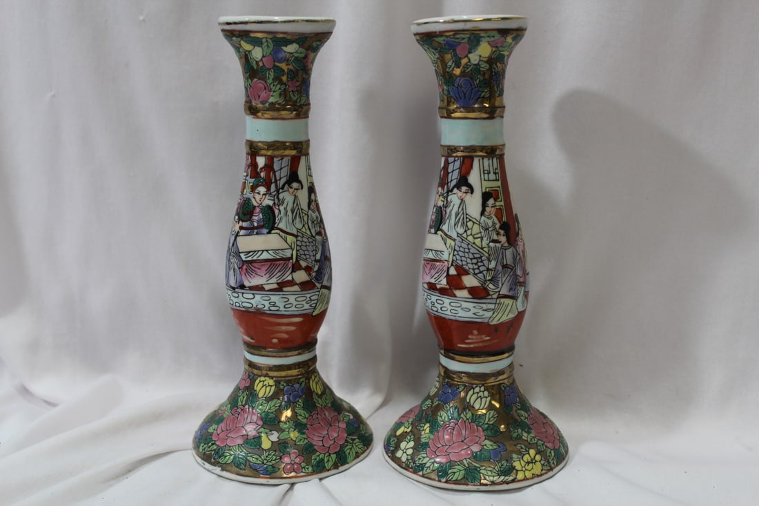 A Pair of Chinese Rose Medallion Candle Sticks: 9 5/8" tall