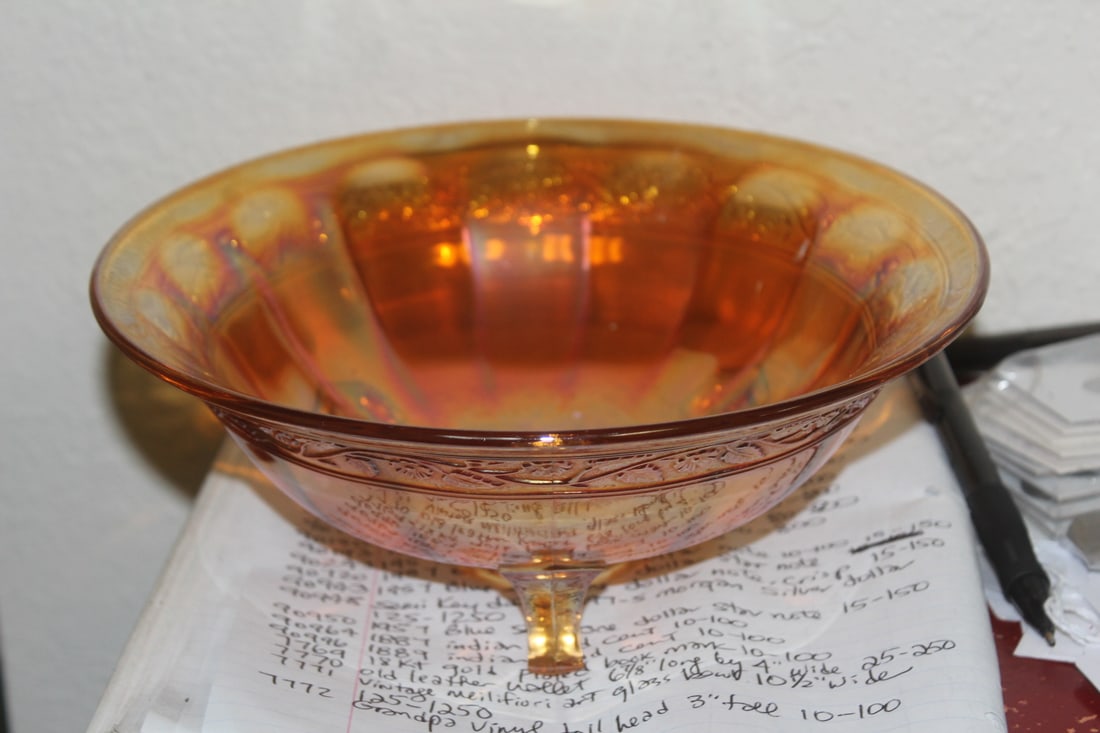 Large Footed Carnival Glass Bowl: 8 7/8" in diameter