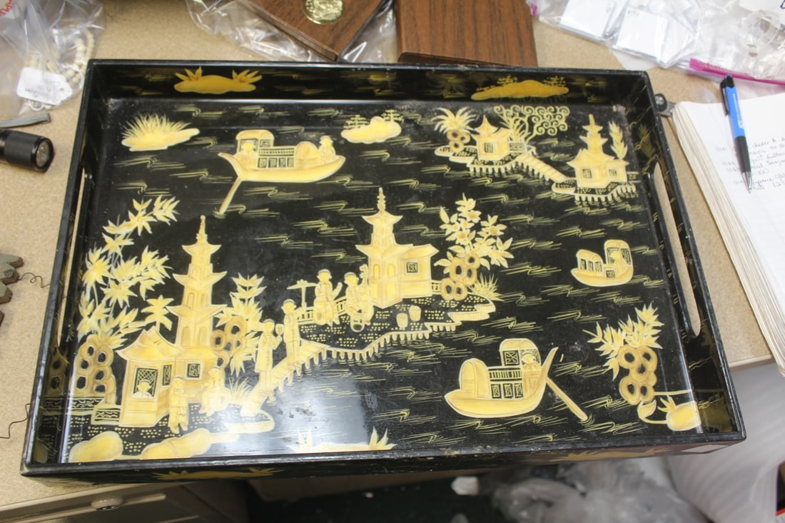 Chinese Lacquer Tray on Wood: with two handles - 19" x 13"