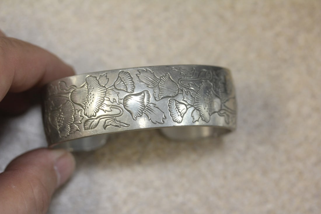 Oriental Pewter Bangle Bracelet: well carved