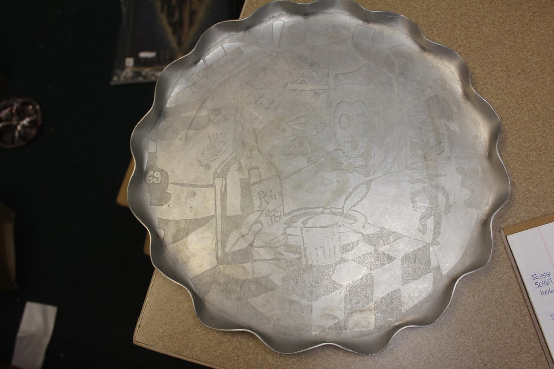Retro Aluminum or Tin Tray: artist signed and dated - 14 1/2" in diameter
