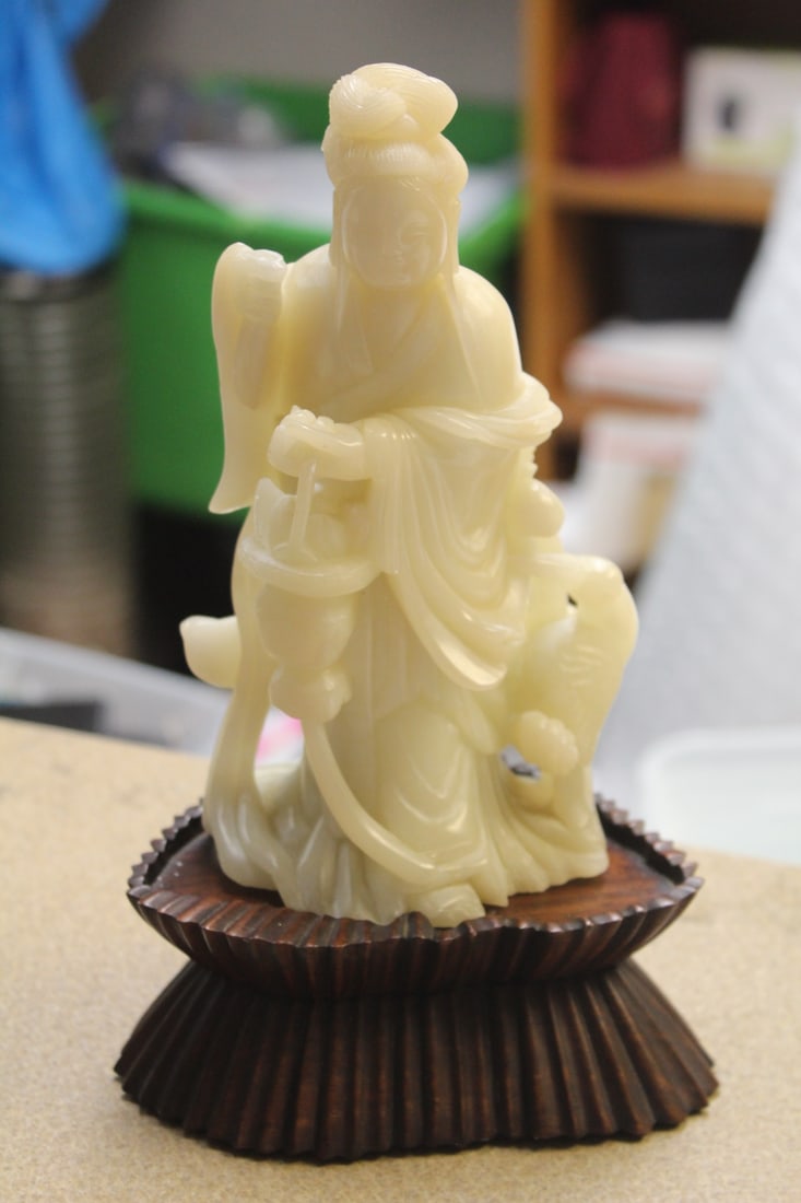 Antique Chinese Soapstone Kwan Yin: nicely and detailed carved - with wood stand - please note: stand may not be original to the soapstone - museum inventory number on bottom - soapstone only= 7 1/2" tall