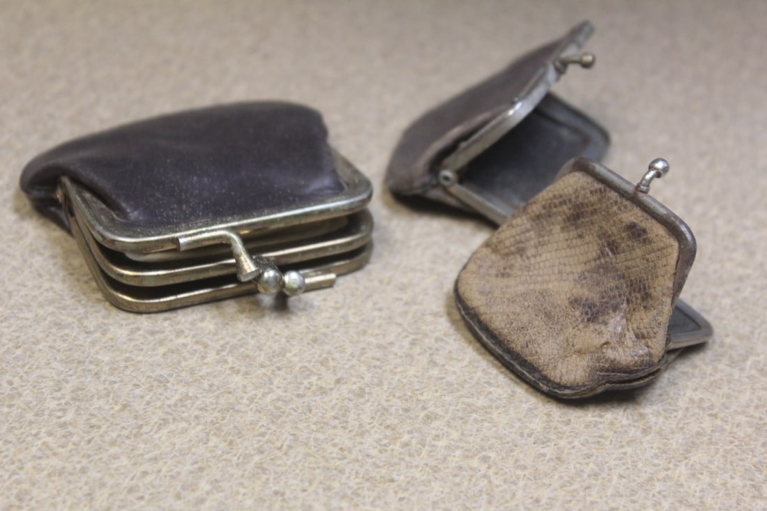 lot of 3 minature leather purses: please note; all worn , possibly doll house uses, 1920's