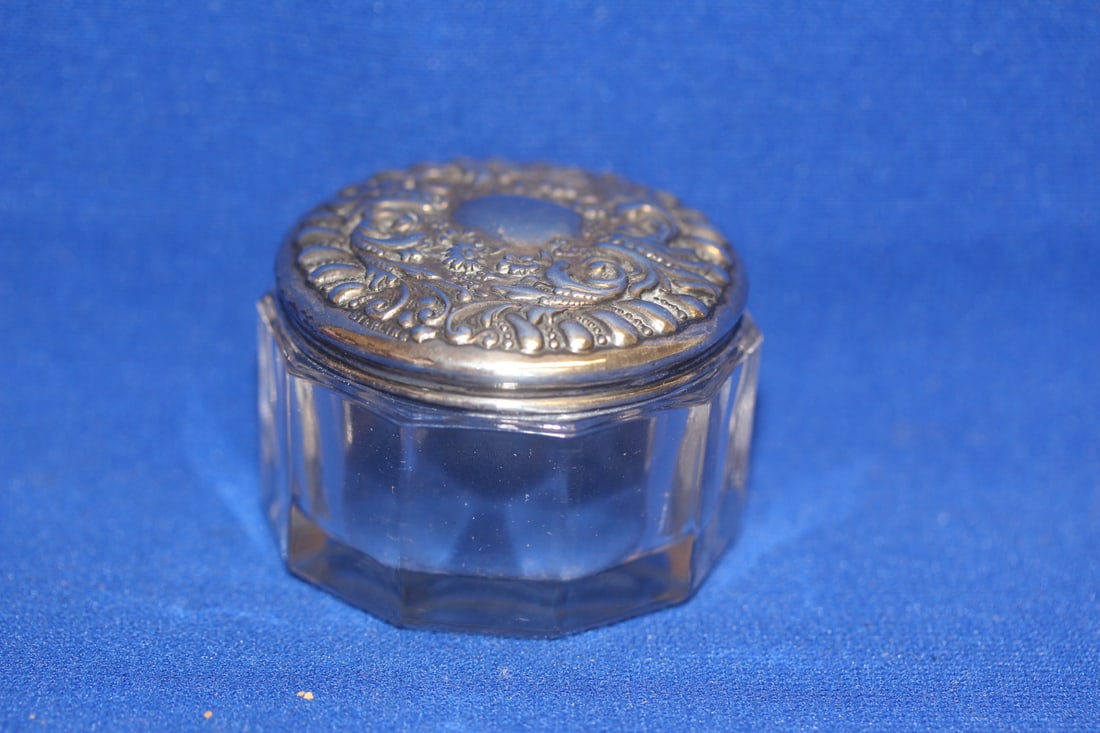 Sterling To Glass Container: ornate - please note= top stuck to the container - 1 7/8" in diameter