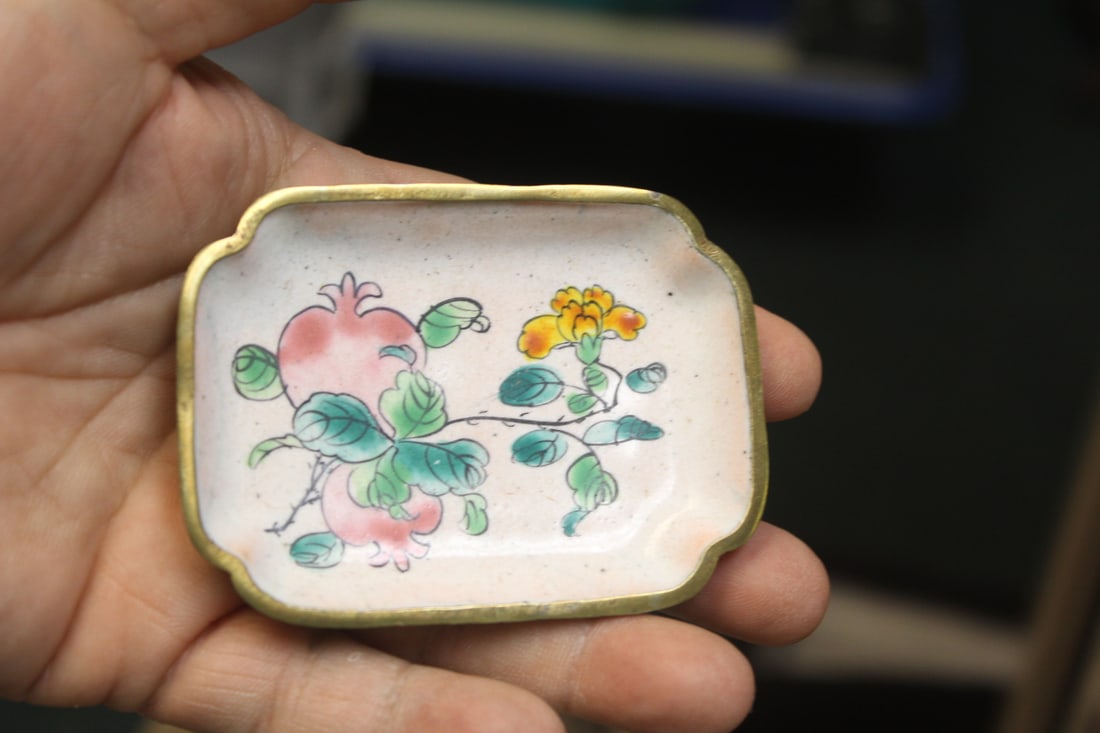 Antique Chinese Enamel Rectangular Dish: 3" across