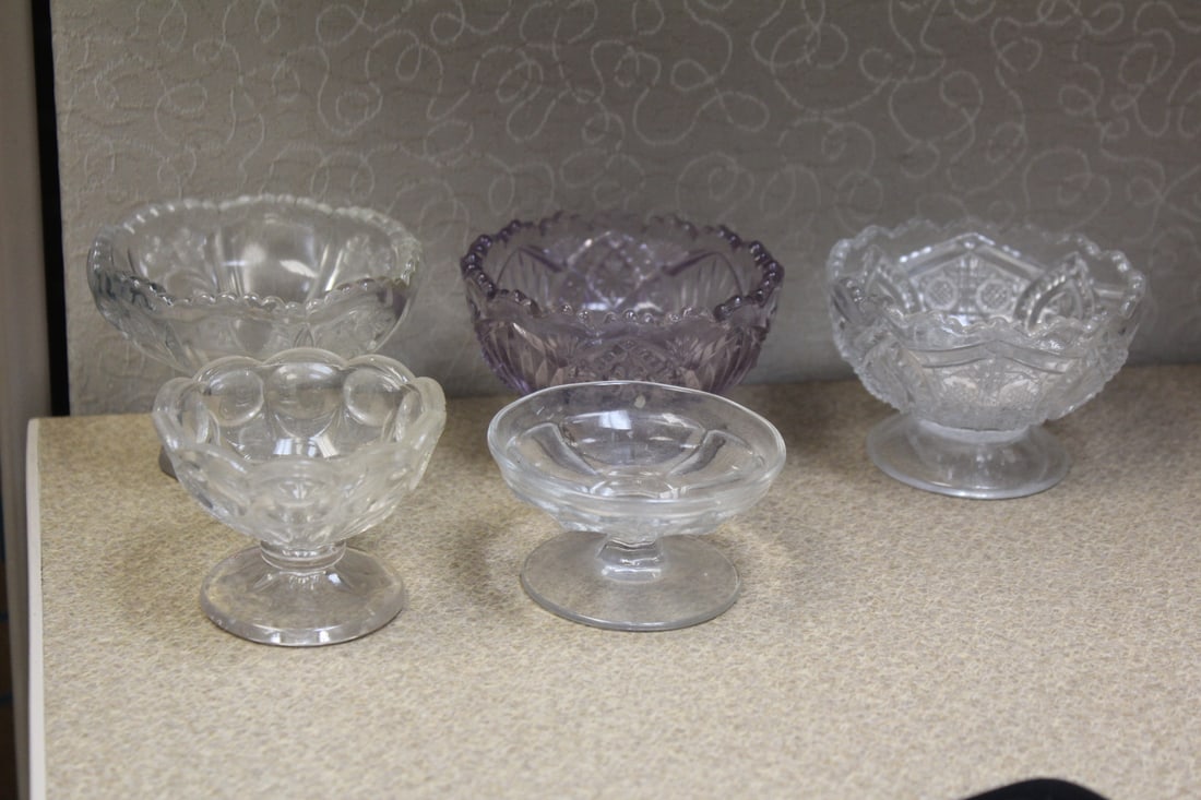 Lot of 5 Desert Glass Cups: or ice cream cups - one marked H or Heisey