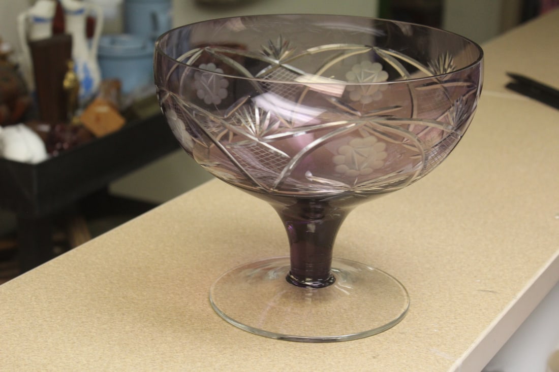 Amethyst Cut Glass Stem Bowl: 8" tall and 9 1/8" wide