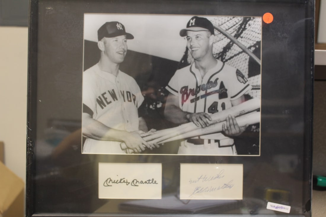 Mickey Mantle and Eddie Mathews Autograph: and photo - framed - overall= 21" x 17"