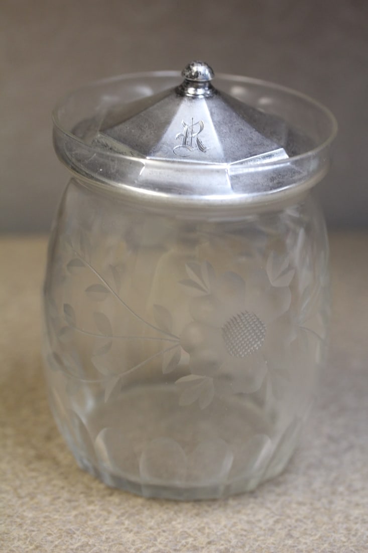 Etched Glass and Sterling Top Jar: 5 inches tall