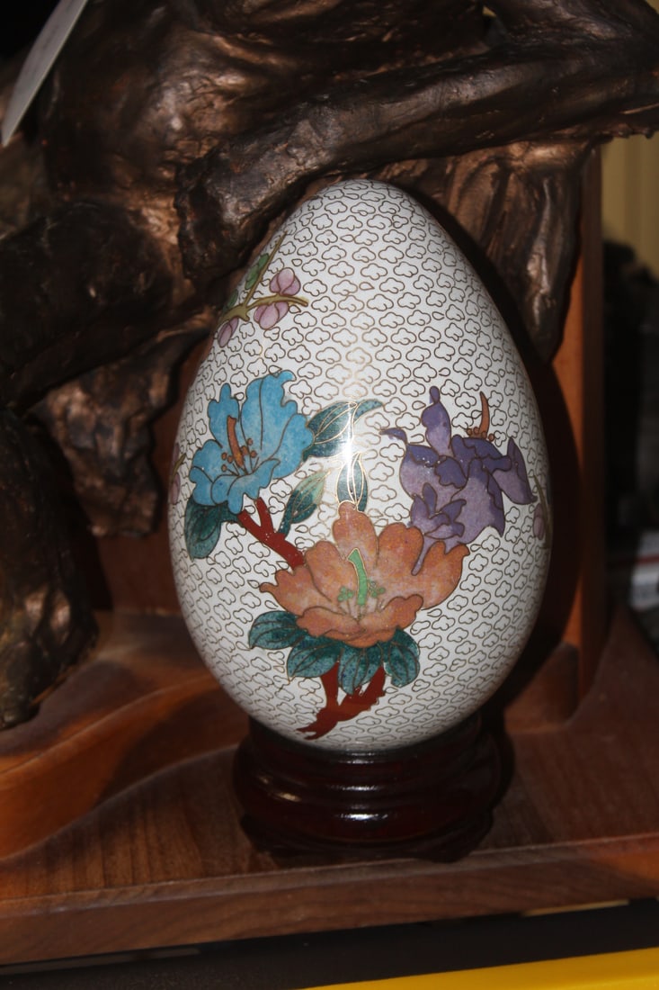 Chinese Cloisonne Egg with Stand: egg only= 6" tall