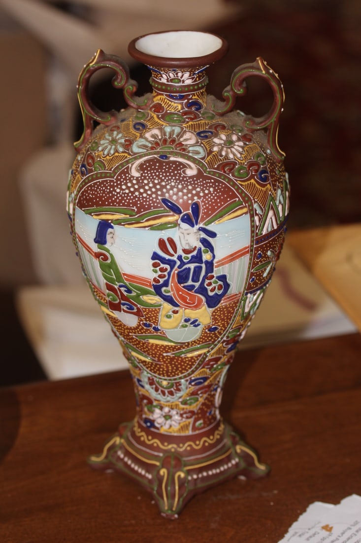 Japanese Moriage Two Handle Vase: 10 1/2" tall